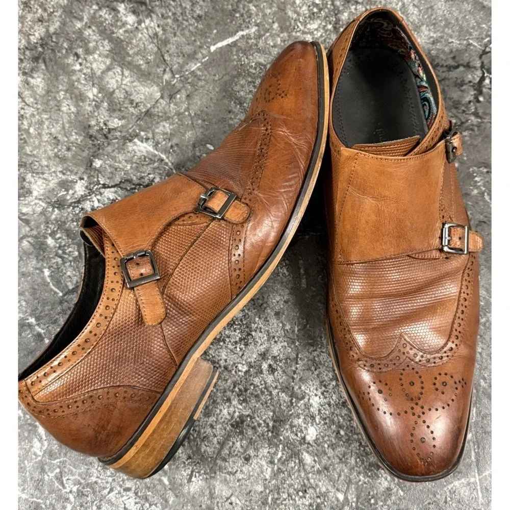 Stacy Adams Mens Lavine Double Monk‎ Strap Wingtip Leather Shoes Chestnut Sz 11M